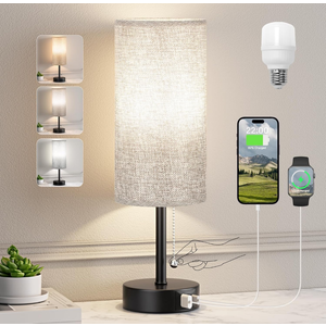 Grey Bedside Lamp for Bedroom Nightstand - Small Table Lamp with USB A + C Charging Port, 3 Color Temperatures Pull Chain Night Stand Light with Bulb, Side Table Desk Reading Lamp for Living Room/Dorm