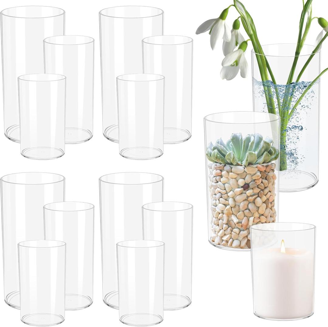 12 Set Clear Plastic Cylinder Vases (4pcs Each: 4", 6", 8")  Decorative Centerpiece Vase for Flowers, Floating Candles, Wedding & Home Dcor