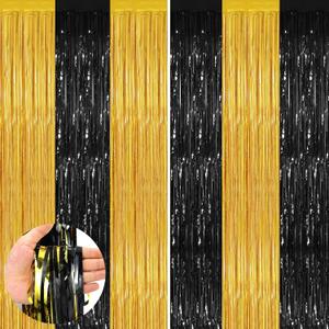 Black Gold 2 Pack Metallic Tinsel Foil Fringe Curtains, 3.3x8.3 Feet Black Gold Streamers for Party, Door Streamers Party Decorations, Party Streamers for Birthday Christmas Party Decorations