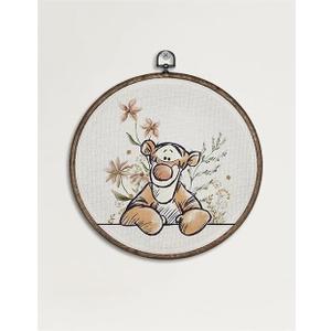 Giosve Cute Tiger Nursery Round Wall Art Canvas Framed Poster, Kids Room Decor, Cartoon Tiger Floral Hanging Wall Sculptures for Kids Nursery Room Bedroom Playroom Decor, 10x10 Inch