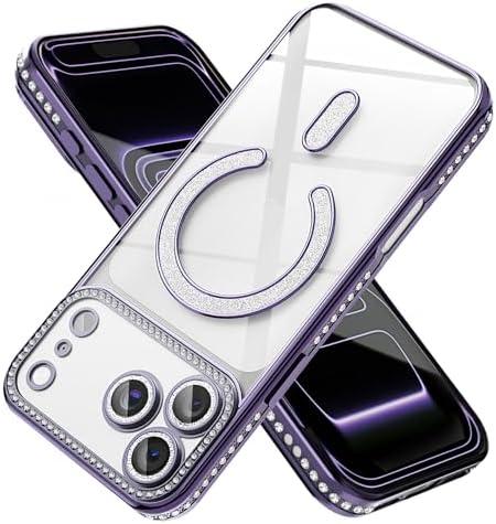 Doulings Magnetic Glitter Diamond for iPhone 12 Pro Case[Compatible with MagSafe] Sparkle Rhinestone Camera Lens Protector Plated,Crtstal Clear Slim Military Drop Shockproof Cover for Women,Purple