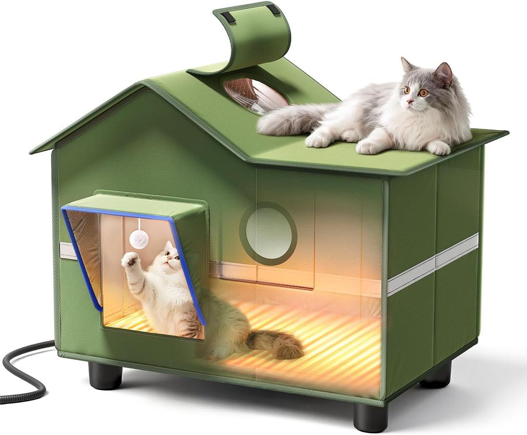 Heated Cat Shelter for Outside, Large Outdoor Cat House with Roof Window and Cozy Cushion, Weatherproof Foldable and Easy Assembly Design, Ideal for Stray and Feral Cats (Green)