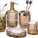 EMPO 6PCS Bathroom Clear Glass Accessories Set (Lotion Soap Dispenser, Soap Dish, Toothbrush Holder, Tumbler, Cotton Swab Jar), Contemporary Modern Decor Crystal Vintage Gift (6pcs Brown)