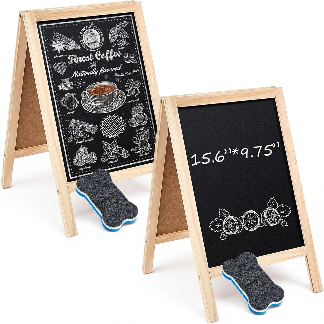 Henoyso 2 Pcs Double-Sided Tabletop Chalkboard Sign, 16"x10" Easel Rustic Wood Frame Small Chalkboard with 2 Erasers for Menu Cafes, Restaurants, Weddings Home Decor(Wooden)