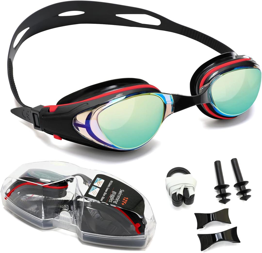 Body+ Nearsighted Swim Goggles, Shortsighted Optical Mirror/Non-Mirror Lens Swimming Goggles Anti-Fog for Adult Men Women (-10.0, Red)