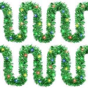 Roberly 2 PCS Prelit Christmas Tinsel Garland with Lights, Total 39.4 Ft 120 Led Lighted Christmas Tree Decorations Twist Hanging Foil Garland for Xmas Party Stairs New Year Decor, Green