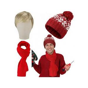 Xtinmee 3 Pcs Christmas Home Cosplay Christmas Funny Movie Costume Red Fair Isle Beanie Hat Blonde Wig Soft Knitted Warm Scarf Winter Accessories