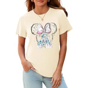 Magical Shirt for Women Magic Kingdom T Shirt Family Vacation Tee Princess Castle Casual Short Sleeve Tops (Beige, S)
