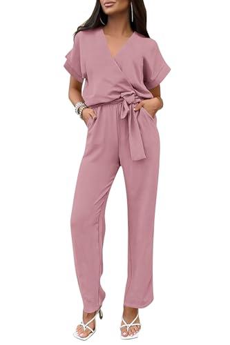 PRETTYGARDEN Women's One Piece Jumpsuits Dressy Casual Summer Short Sleeve Wrap V Neck Belted Wide Leg Pants Romper (Pink,Small)