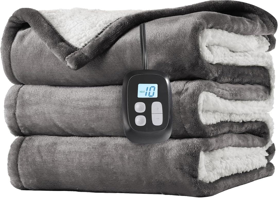 Electric Heated Blanket Full Size 72"x84", Dual-Sided Soft Flannel & Sherpa, LCD Display 10 Heat Settings with 1-12H Timer & Overnight Safe, Bed & Couch, Machine Washable, Light Grey