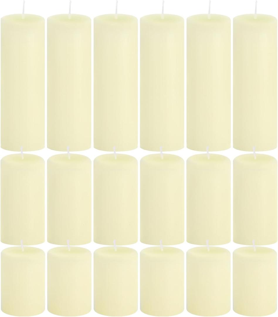 18 Pcs Ivory Pillar Candles Bulk SetHurricane Candles3 Different Lengths 2 x 3/4/6 Inch (6 Each)Dripless Unscented SmokelessGives You a Better Atmosphere When Organizing an Event Party.