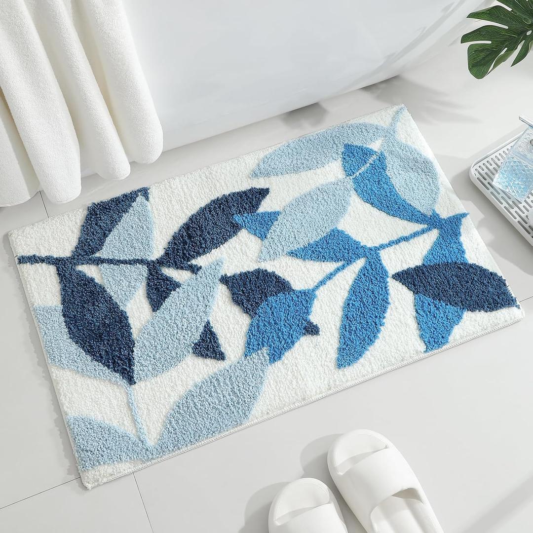 Gibelle Blue Bathroom Rug, Non-Slip Strong Water Absorbent Plush Microfiber Bath Mat, Machine Washable Small Floor Mat, Cute Leaves Bathmat Indoor Doormat, 18"x26"