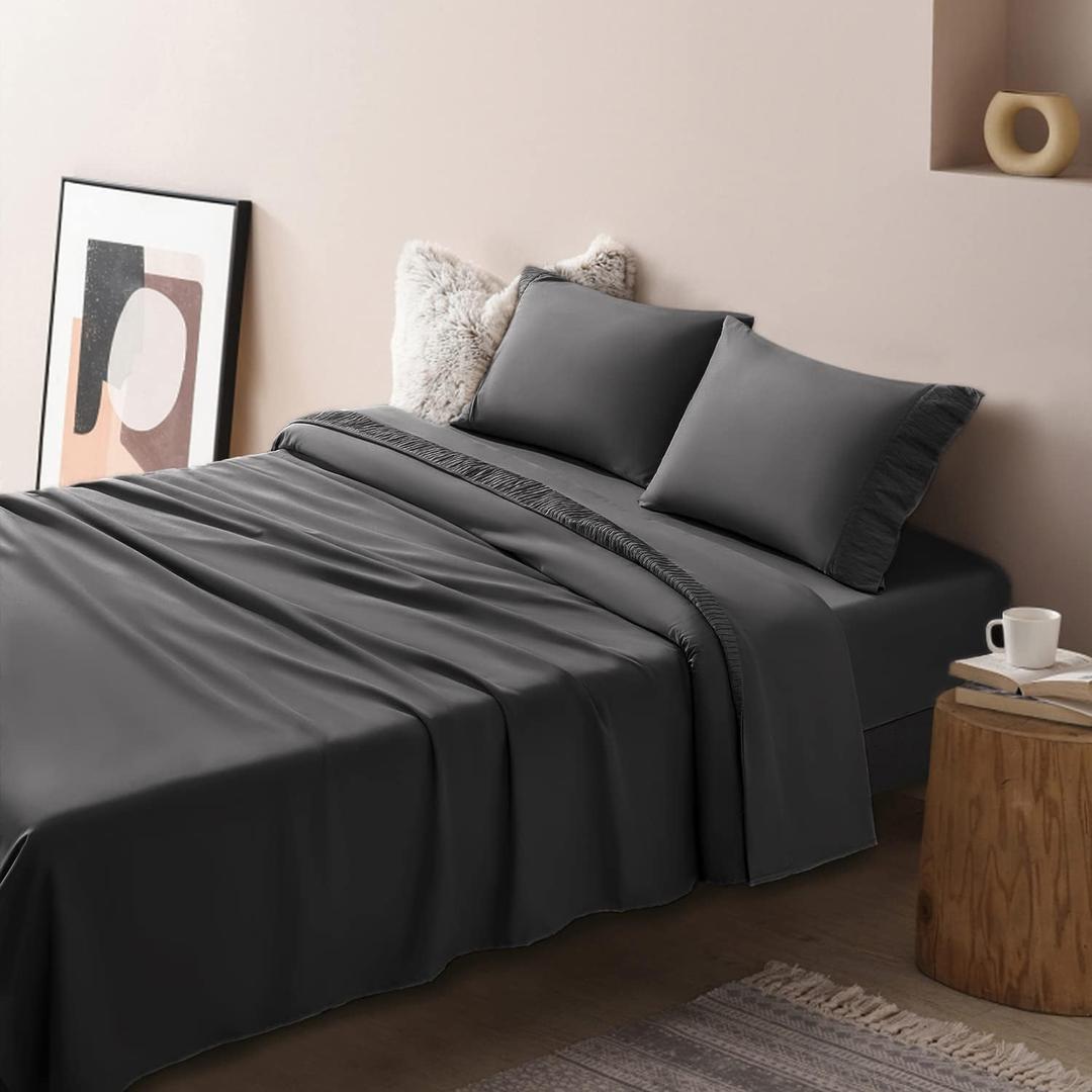 SONORO KATE Bedding Bed Sheets Set - 1800 Thread Count Soft Sheets, Cooling Microfiber Bedding Sheets & Pillowcases Sets-4 Pieces Sheets (King, Black)