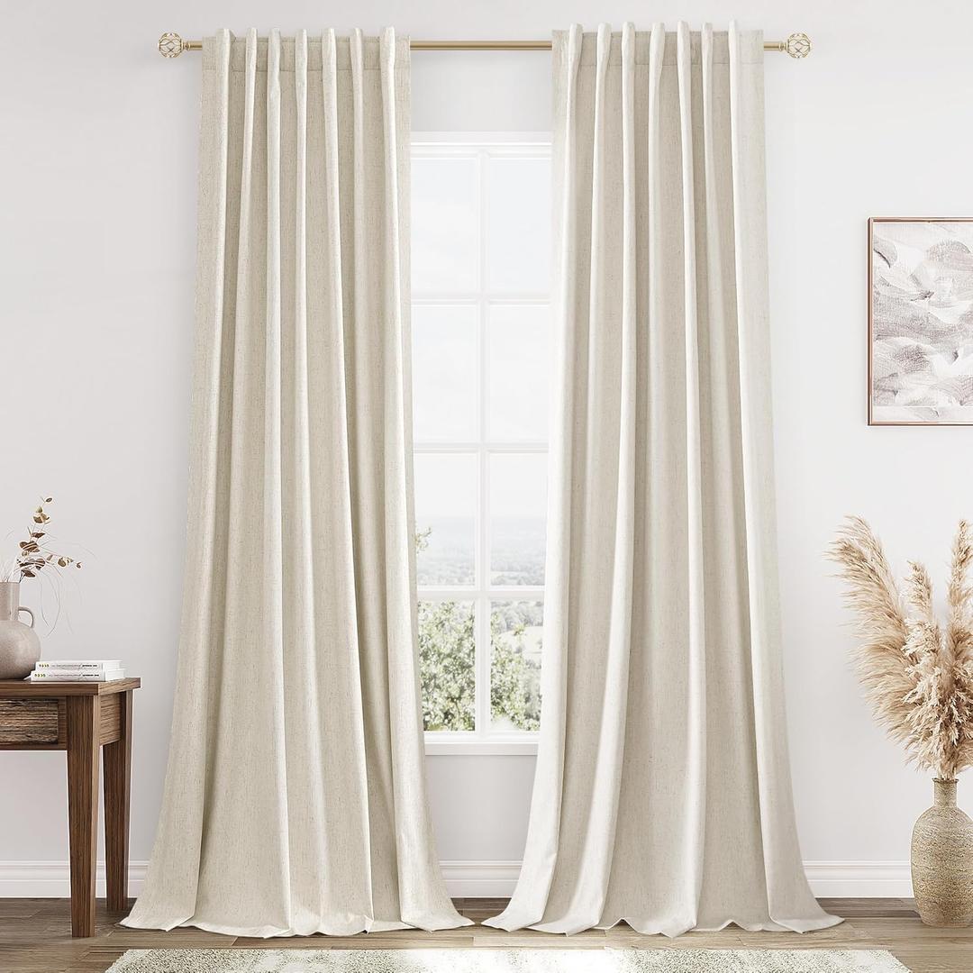Guken Beige Cream Linen Blackout Curtains 96 Inch Length 2 Panels Set for Living Room Bedroom Back Tab Thermal Insulated 100% Black Out Linen Drapes Room Darkening Window Curtains 96 Inches Long 