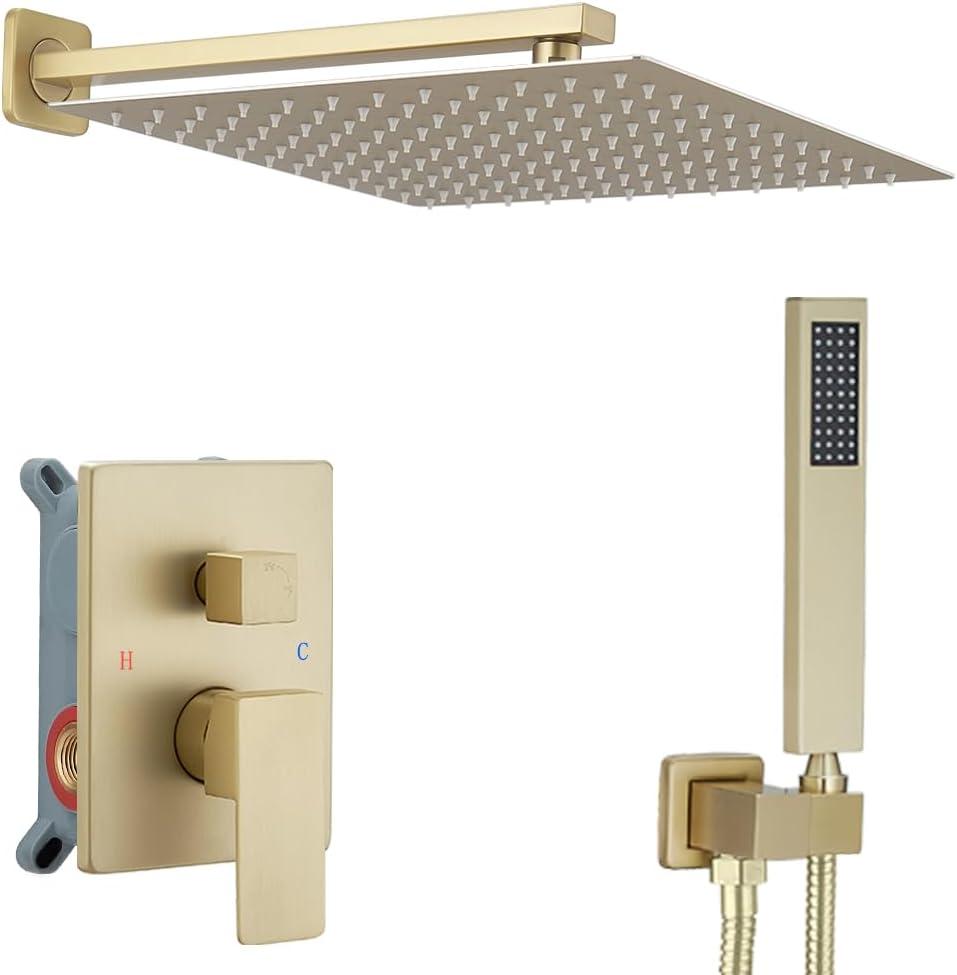 Brushed Gold Shower System 16 Inch Bathroom Luxury Rain Mixer Shower Combo Set Wall Mounted Rainfall Shower Head and Handheld System Shower Faucet Set Rough-in Valve Body and Trim Kit