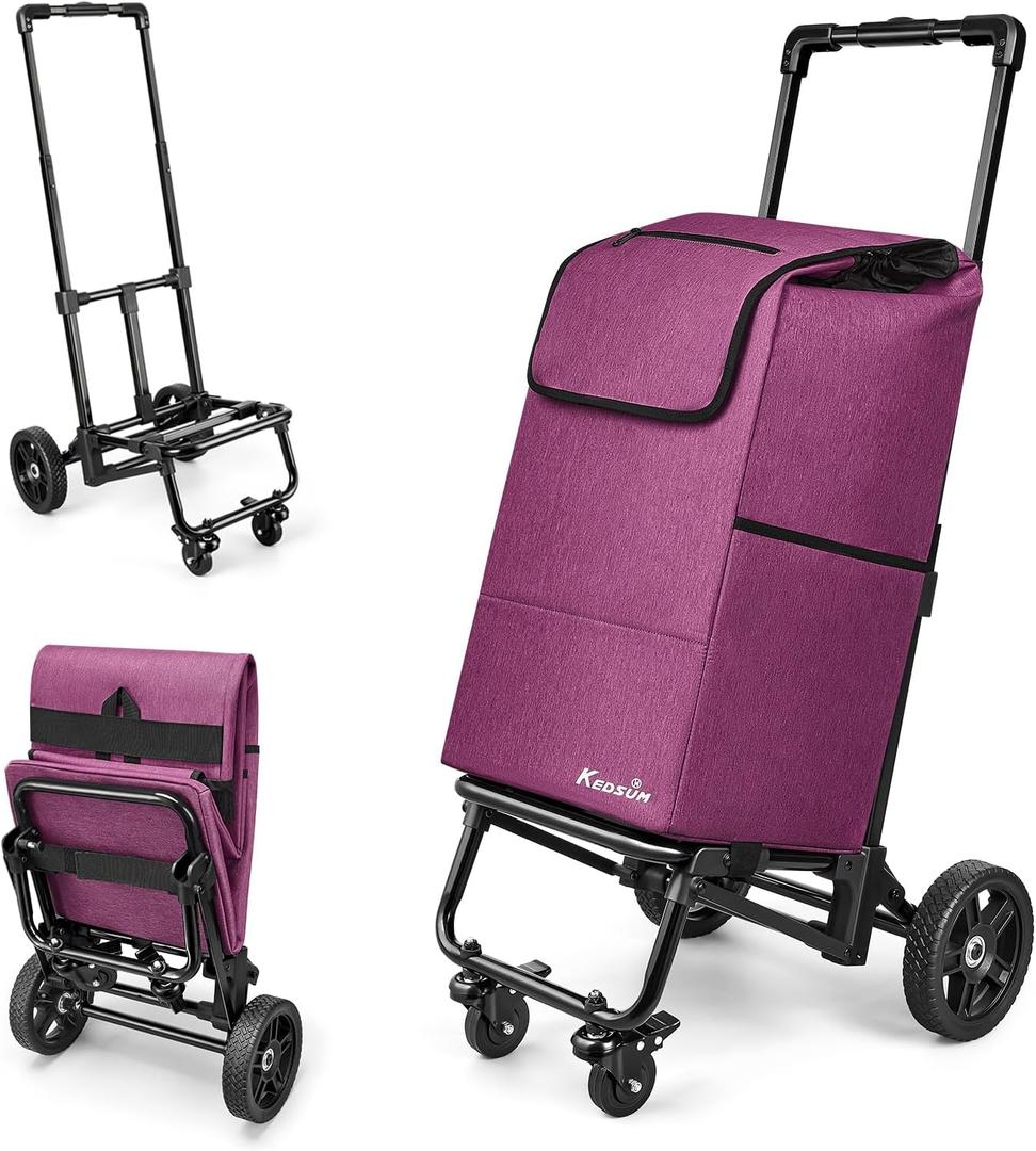 KEDSUM 3 in 1 Shopping Cart with Wheels, 60L/250LBS Multi Use Grocery Cart with 7" Big Wheels & Removable Waterproof Bag, Personal Shopping Carts for Groceries, Telescoping Handle & Thickened Steel (Purple)