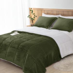 Seward Park Olive Green Sherpa Comforter Set King Size, All Season Soft Warm Fleece Fall Blanket, Winter Bedding Sets with 2 Pillow Shams
