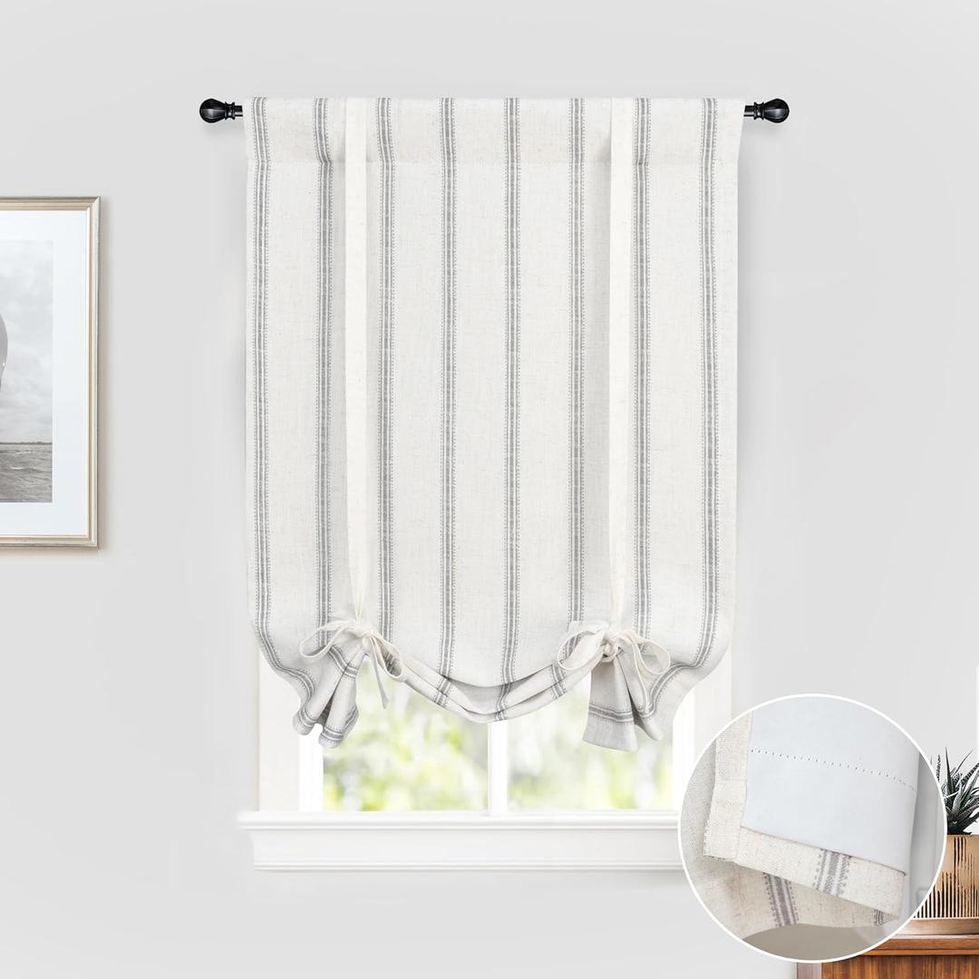 DriftAway Farmhouse Double Layer Linen Blackout Tie Up Curtains Thermal Insulated Vertical Striped Fully Lined Balloon Roman Shade Bathroom Window Adjustable Rod Pocket 25 Inch by 47 Inch Gray (Grey)