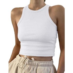 Artfish Women Casual Basic Sleeveless High Neck Rib-Knit Y2k Crop Tank Top (Small, White)