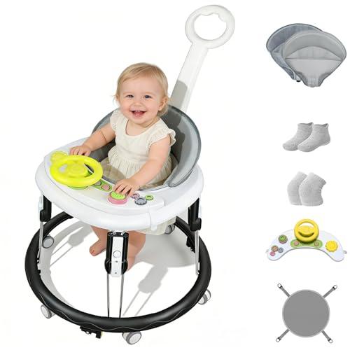 Foldable Baby Walker for Boys and Girls, 5-in-1 Baby Walker with Wheels, Adjustable Height Toddler Activity Walker with Music Tray, Detachable Seat and Mute Anti-Rollover Baby Walkers for 8-24 Months