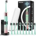 Portable Electric Soft Toothbrush with Travel Case, 90-Day Largest Battery Life, 10 Brush Heads, 5 Modes Deep Clean, Ergonomically-Designed for Enhanced Comfort - Ideal Gift for Adults & Kids (Green-pink)