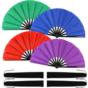 4 Pack Large Folding Hand Fan for Line Dance, Men/Women Rave Hand Fan, Clack Popping Fans for Boots On The Ground Dance, EDM, Wedding, Party (Red, Blue, Green, Purple)