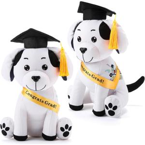 Zomiboo 2 Pcs PhD Graduation Gifts Autograph Stuffed Dog to Sign 12 Inches Signature Animal 2025 Congratulations Plush Dog with Cap and Sash Cute Graduation Gifts(Black)