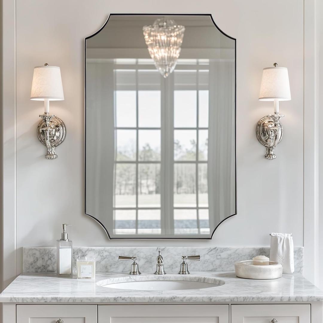 ANDY STAR 24x36 Inch Chrome Mirror, Scalloped Bathroom Mirror, Polished Chrome Framed Mirror in Anti-Rust Stainless Steel Metal Thin Frame Deep 1, Unique Scalloped Edge Design