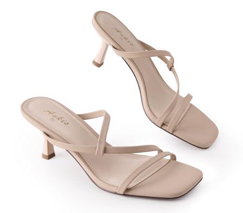 Ankis Womens Strappy Kitten Heels Square Open Toe 2.25 Inch Heeled Sandals Slip On Slides Mules