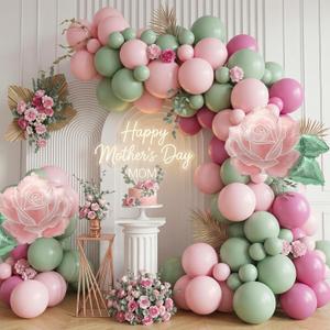 Floral Tea Party Balloon Garland Kit - Sage Green & Pink Arch with Rose Foil Balloons for Mother's Day Garden Party, Baby in Bloom Shower & Elegant Afternoon Tea Decorations