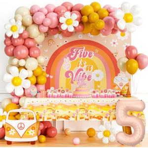 Five Is a Vibe Birthday Party Decorations Girl, Boho Floral Daisy Hippie Groovy 5th Party Decorations, Backdrop Balloon Garland Banner Cake Cupcake Topper