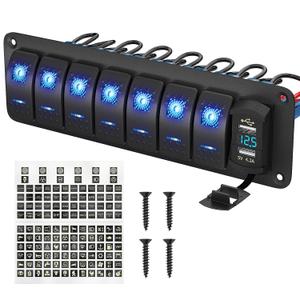 7 Gang Rocker Switch Panel Marine Boat Toggle Switch Panel Waterproof with USB Charger Voltmeter 12V 24V DC for Automotive Vertical UTV Truck