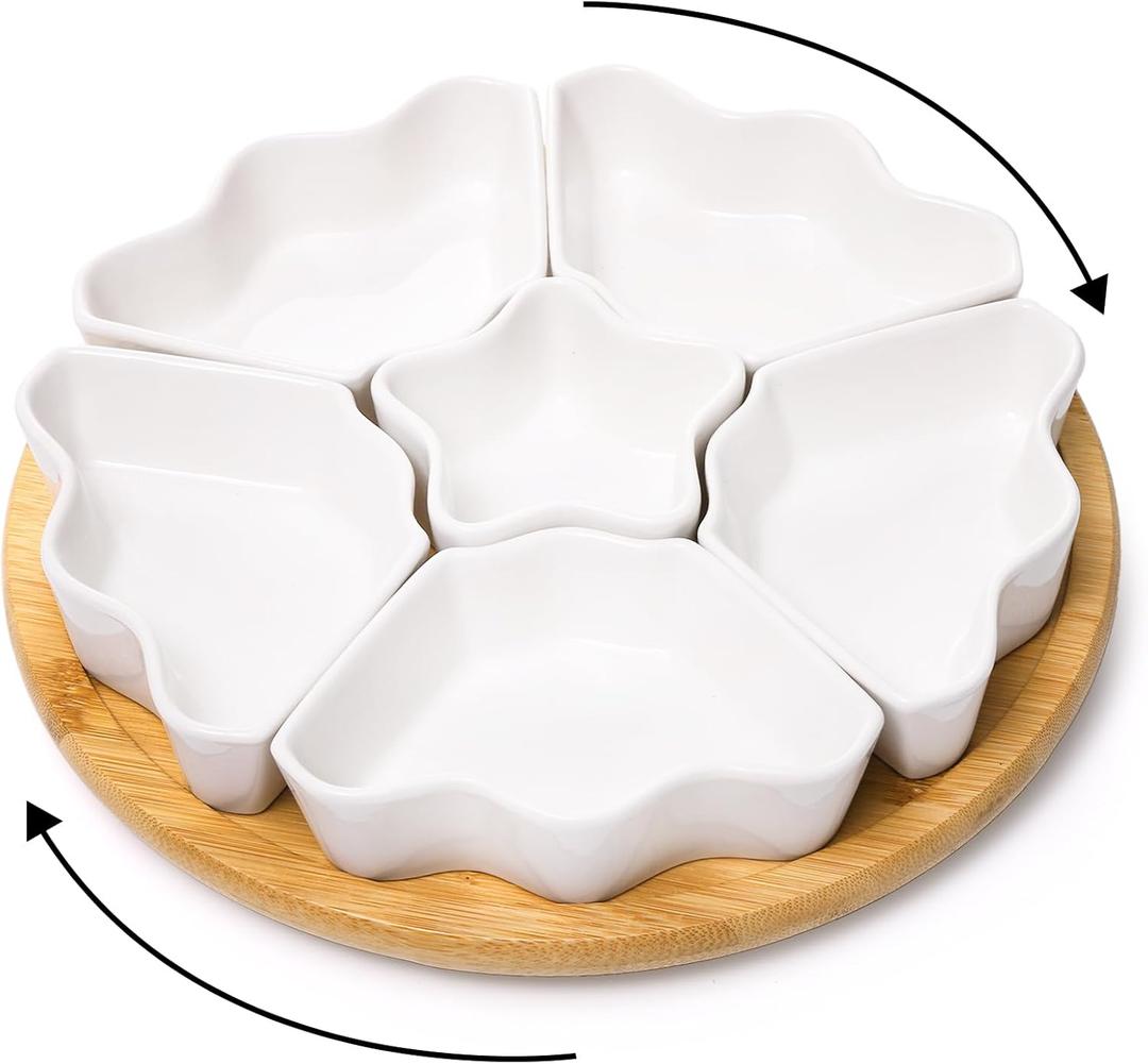 Foraineam Rotatable Serving Platters and Trays, Lazy Susan Relish Tray, 7-Compartment Divided Dishes, 11 Inch Porcelain Removable Bowl for Chip and Dip, Fruit, Nut, Candy and Snack