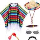 Mexican Party Costume Set Include Mexican Serape Poncho Sombrero Sunglasses Mustache