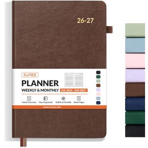 SUNEE 2026-2027 Weekly & Monthly Hardcover Planner 5.5" x 8.3" - 12 Month (July 2026 - June 2027), Small Academic Year Calendar Planner, Pocket, Notes, 100 GSM Paper, Brown