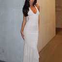 YFANG Women's Sexy Ruffle Hem Halter Deep V Neck Ruched Sleeveless Mesh Bodycon Cocktail Party Maxi Dress