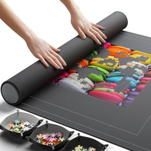 Newverest Jigsaw Puzzle Mat Roll Up, Saver Pad 55 x 35.5 Portable Keeper Up to 3000 Pieces with Non-Slip Rubber Bottom and Polyester Top + 3 Puzzle Sorting Trays, Travel-Friendly Storage Bag