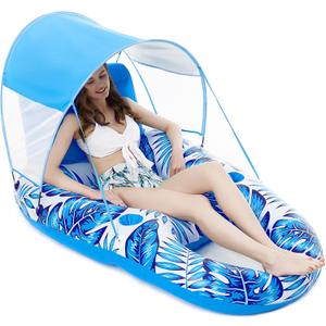 Jasonwell Pool Floats with Canopy - Inflatable Pool Float Adult Lounger Floaties Raft Floating Chair for Swimming Pool Lake Water Lounge Float with Cup Holders Beach Pool Party Toys for Adults (X-Large, blue)