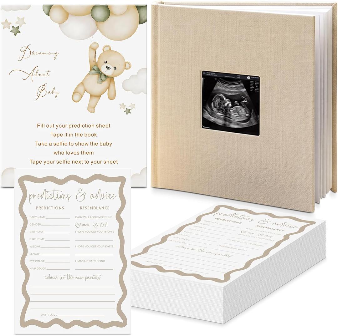 50 Pcs Baby Prediction and Advice Cards Album Organizer Predict Standing Sign for Baby Shower Linen Cover Scrapbook Album Photo Booth Activities Game Gender Reveal Party Supplies Keepsake Memory Book, 10.63 x 11.02 inches