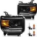 Headlight Assembly with LED DRL Compatible with GMC Sierra 2014-2018 1500 | 2015-2019 2500HD/3500HD Base/Denali/SLE/SLT, Headlamp Replacement with LED DRL, with Bulbs, Black Housing Amber Reflector