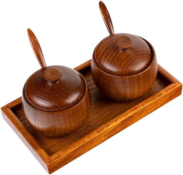 2 Pcs Wood Condiment Pot Spice Jars, Natural Wooden Sugar Bowl Pepper Seasoning Container Condiment Pot with Lid, Spoon and Tray for Herbs Salt Pepper Spices