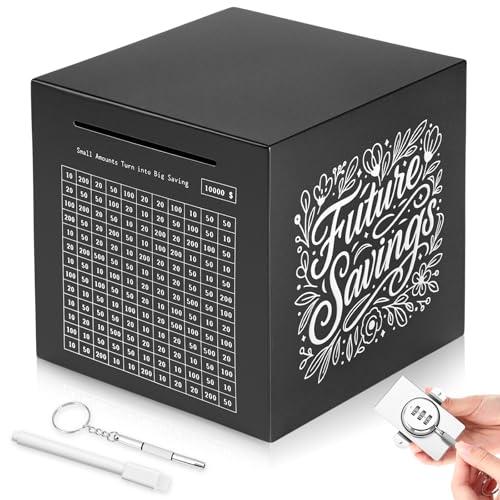Honeydak Piggy Bank for Adult Password Stainless Steel 5.9 Inch Reusable Metal Money Saving Box with Combination Lock, 10000 Target Savings Challenge Metal Box with Counting for Cash Saving(Black)