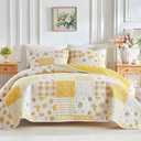 Flysheep Floral Patchwork Quilt Set Full/Queen Size, 3 Pieces Yellow Flower Plaid Bedspread Coverlet Set, Lightweight Soft Microfiber Bed Cover for All Season (90" x 90", 1 Quilt+ 2 Pillow Shams)