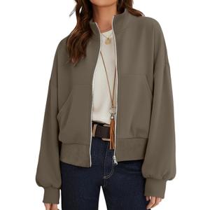 CRAZY GRID Womens Fashion Full Zip Up Jacket Comfy Long Sleeve Cropped Gym Top Solid Color Outfits with Pockets (Medium, C Grey Coffee)