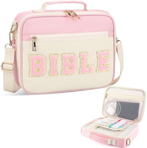 Bible Cover Case for Women Grils, Preppy Bible Bag with Adjustable Shoulder Strap, Waterproof Bible Carrying Tote Bags Holder for Bible Study Supplies Accessories & Christian Gifts (Light Pink)