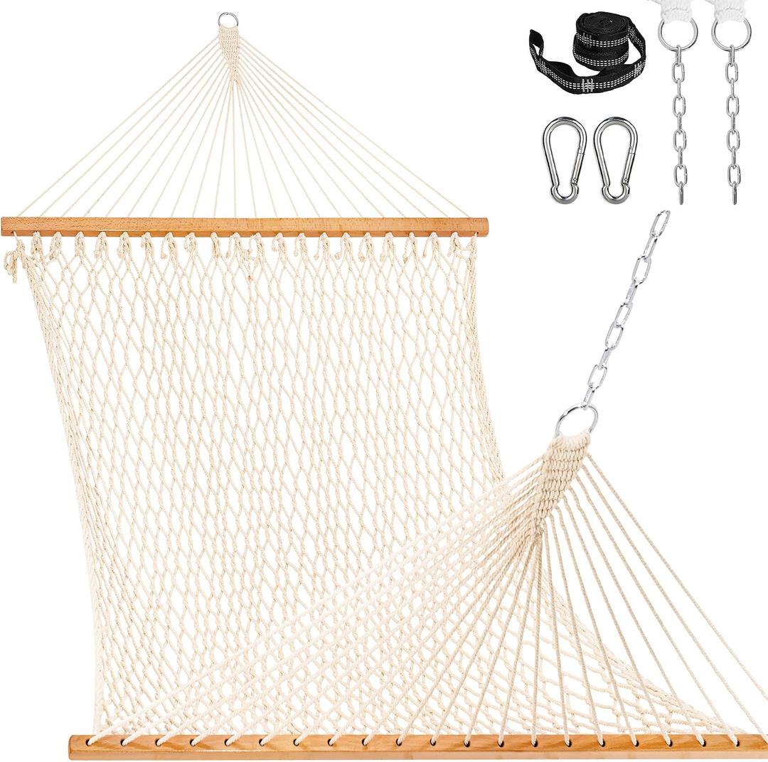 Lazy Daze Hammocks 12FT Double Rope Hammocks, 2 Person Hand Woven Cotton Hammock with Spreader Bar for Outside, Patio, Poolside, FIT 13-15 FT Stand, Max 450 Lbs, Natural, 141 x 57 inches