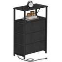 TUTOTAK Narrow Night Stand with Charging Station, Slim End Table with Plugins, Tall Side Table with 3 Fabric Drawer, Small Bedside Table with Storage, Living Room, Bedroom, Black TB01BK086