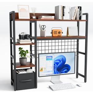 4- Tier Desk Shelf, Wooden Desktop Organizer Shelf with Grid Panels,Home Dormitory Office Computer Desk Bookshelf Storage Rack,Office Desk Bookshelf with a Woven Drawer,Black,38.6" Wide