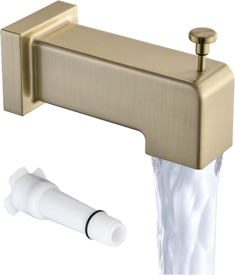 Slip On Diverter Tub Spout, Sleek Square Design for Bathroom, Fits 1/2" Copper Pipe (5/8" OD), Child-Safe Rounded Edges, Easy Installation, Brushed Gold
