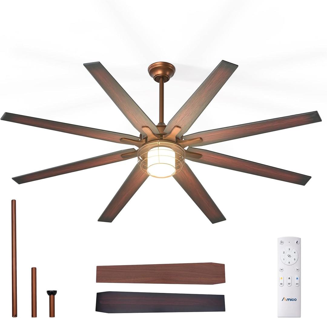 Amico Ceiling Fans with Lights, 72'' Indoor/Outdoor Brown Ceiling Fan with Remote Control, Reversible DC Motor, 8 Blades, 3CCT, Dimmable, Noiseless, Vintage Ceiling Fan for Bedroom, Farmhouse (72 inch, Bronze)